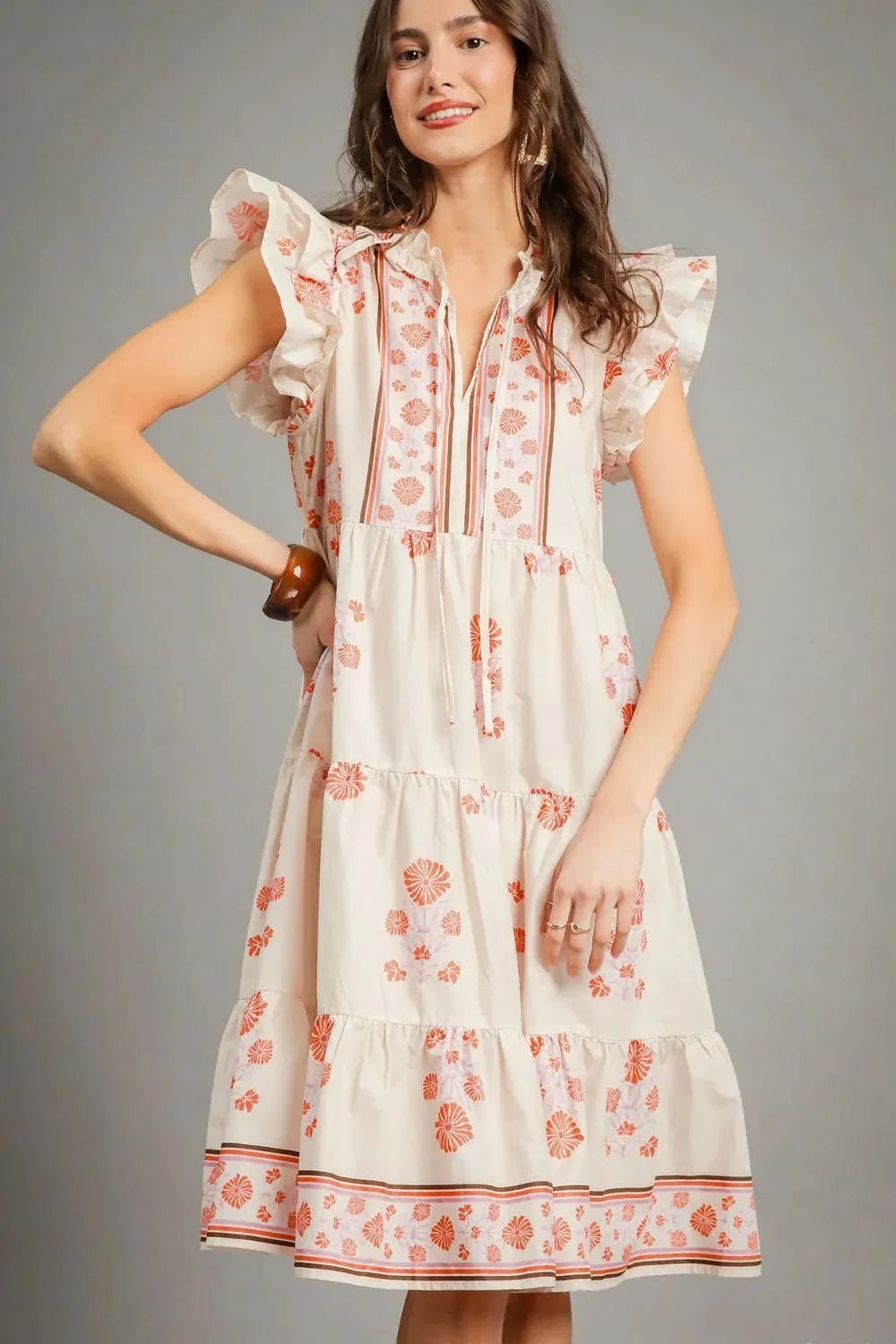 UMGEE - Ivory & Coral Floral Flutter Sleeve Tiered Midi Dress