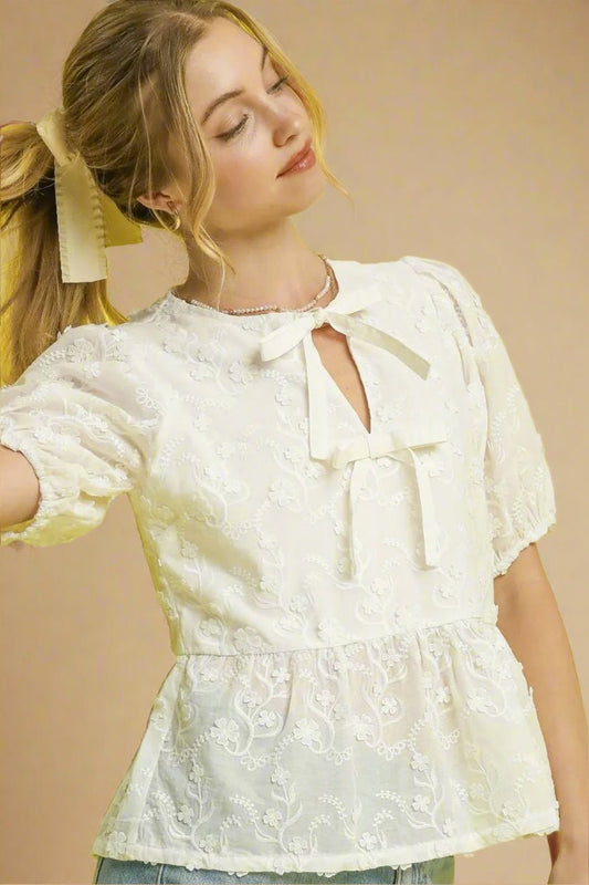 UMGEE - Ivory Embroidered Bow Tie Peplum Top