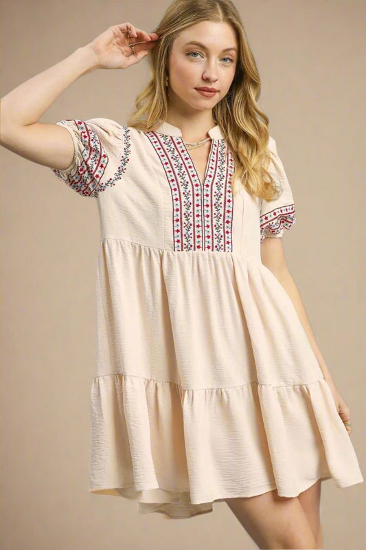 UMGEE - Ivory Embroidered Puff Sleeve Babydoll Mini Dress