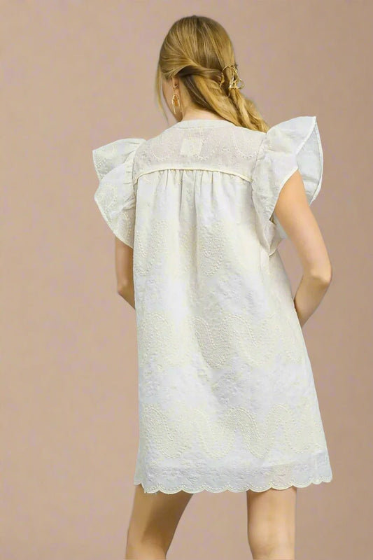 UMGEE - Ivory Embroidered Ruffle Sleeve Mini Dress