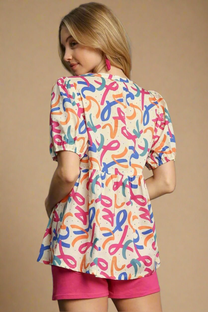 UMGEE - Ivory Multicolor Abstract Babydoll Top