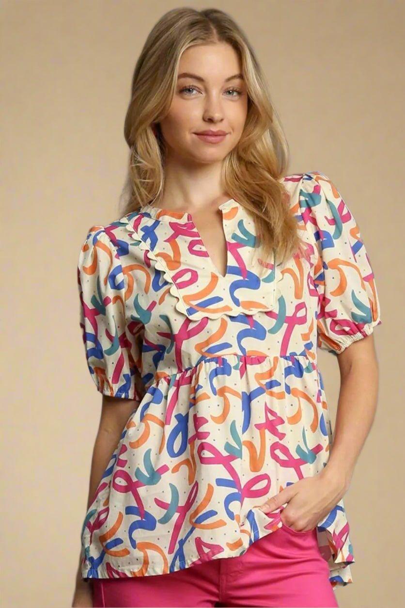 UMGEE - Ivory Multicolor Abstract Babydoll Top