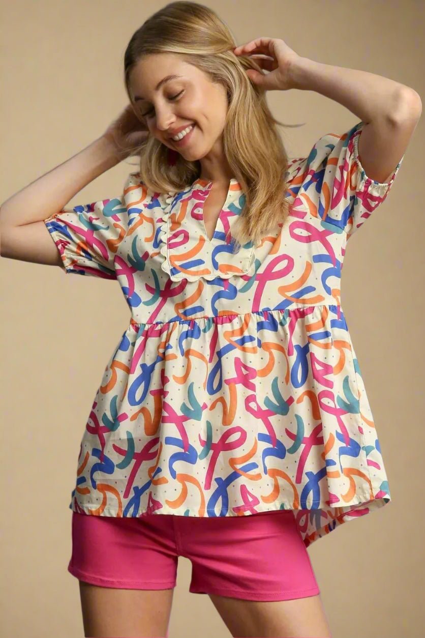 UMGEE - Ivory Multicolor Abstract Babydoll Top