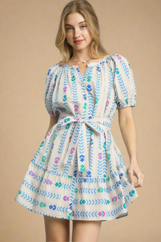 UMGEE - Ivory Multicolor Print Belted Mini Dress