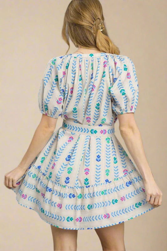 UMGEE - Ivory Multicolor Print Belted Mini Dress