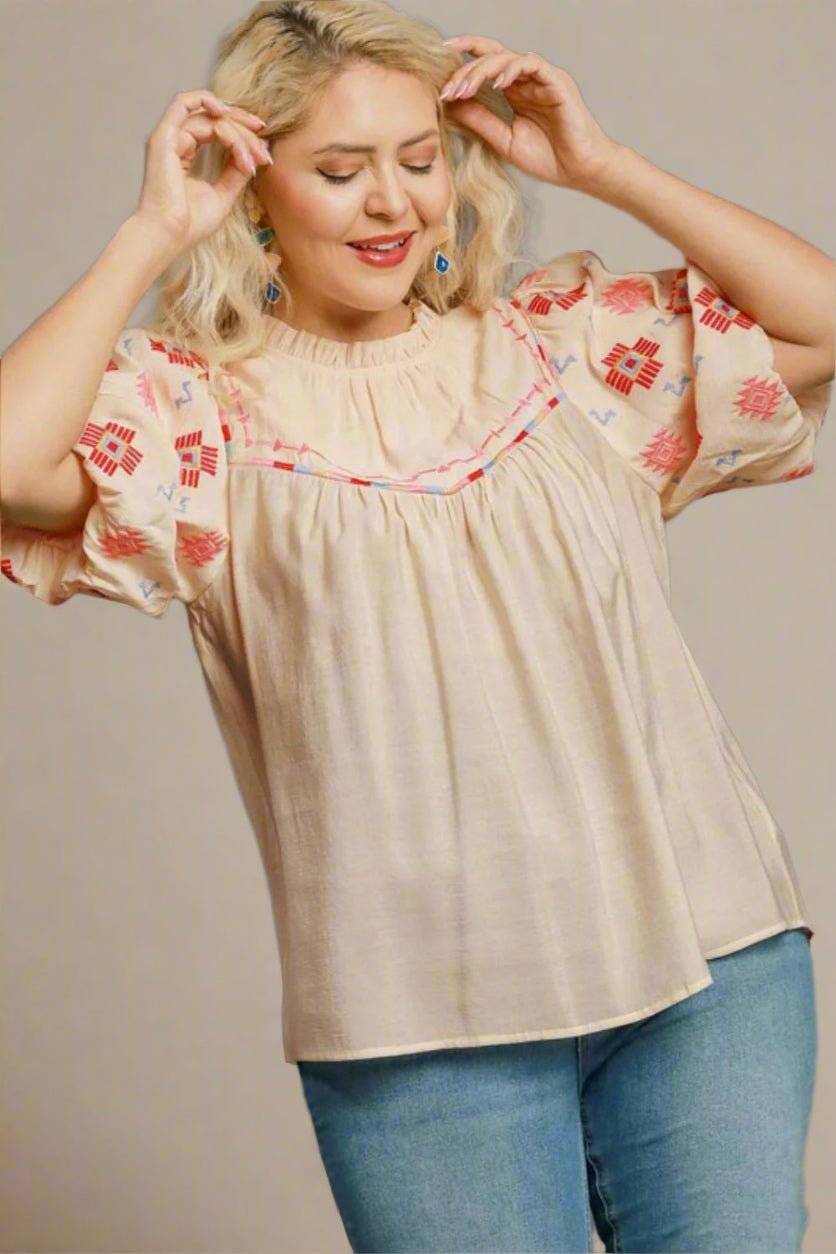 UMGEE - Ivory Puff Sleeve Embroidered Blouse with Aztec Accents