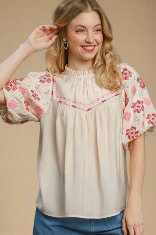 UMGEE - Ivory Puff Sleeve Embroidered Blouse with Aztec Accents