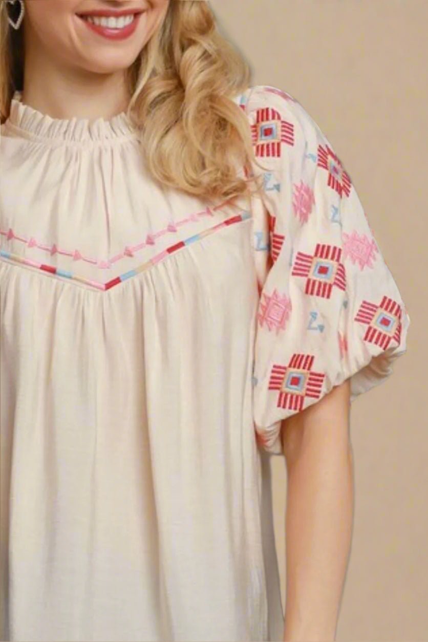 UMGEE - Ivory Puff Sleeve Embroidered Blouse with Aztec Accents
