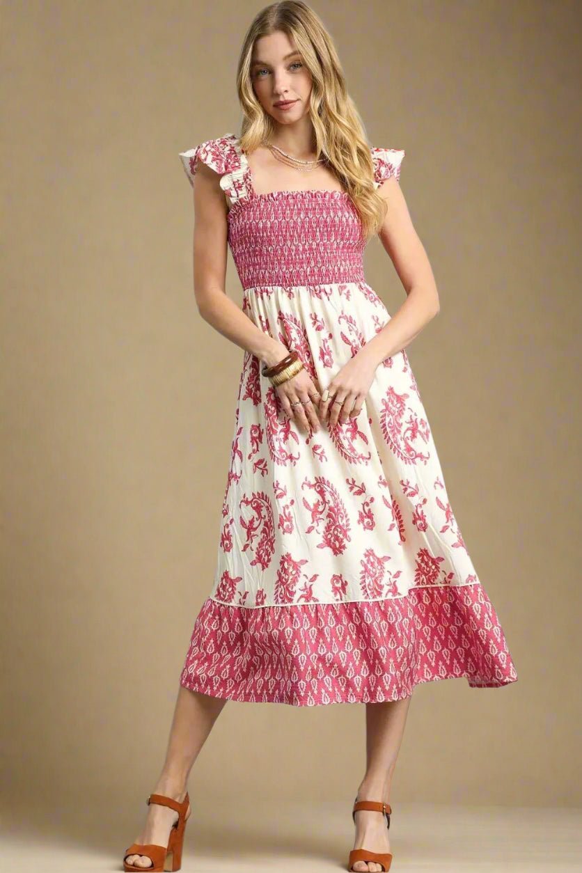UMGEE - Ivory & Red Smocked Ruffle Sleeve Midi Dress