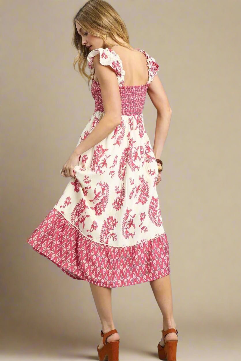 UMGEE - Ivory & Red Smocked Ruffle Sleeve Midi Dress