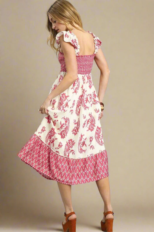 UMGEE - Ivory & Red Smocked Ruffle Sleeve Midi Dress