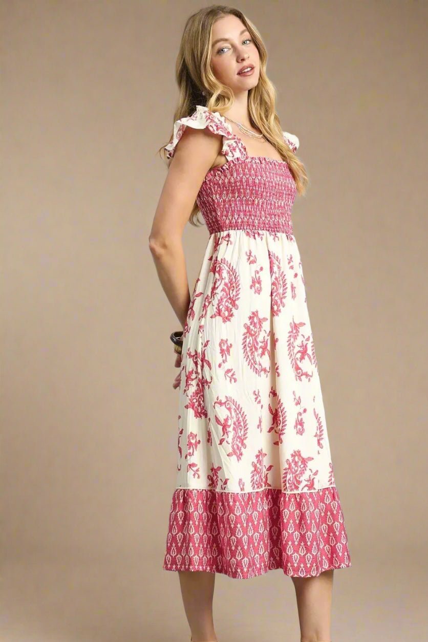 UMGEE - Ivory & Red Smocked Ruffle Sleeve Midi Dress