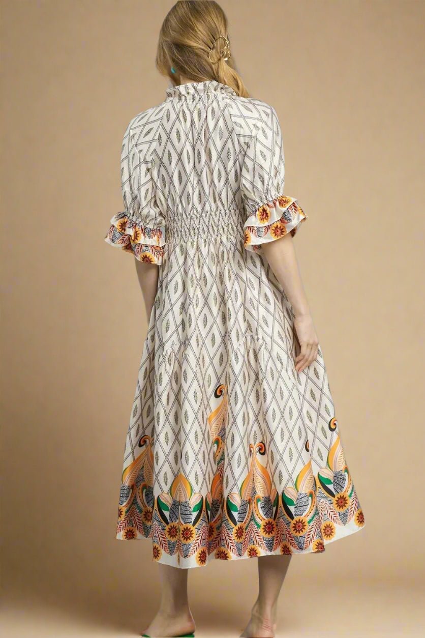 UMGEE - Ivory Smocked Waist Boho Midi Dress