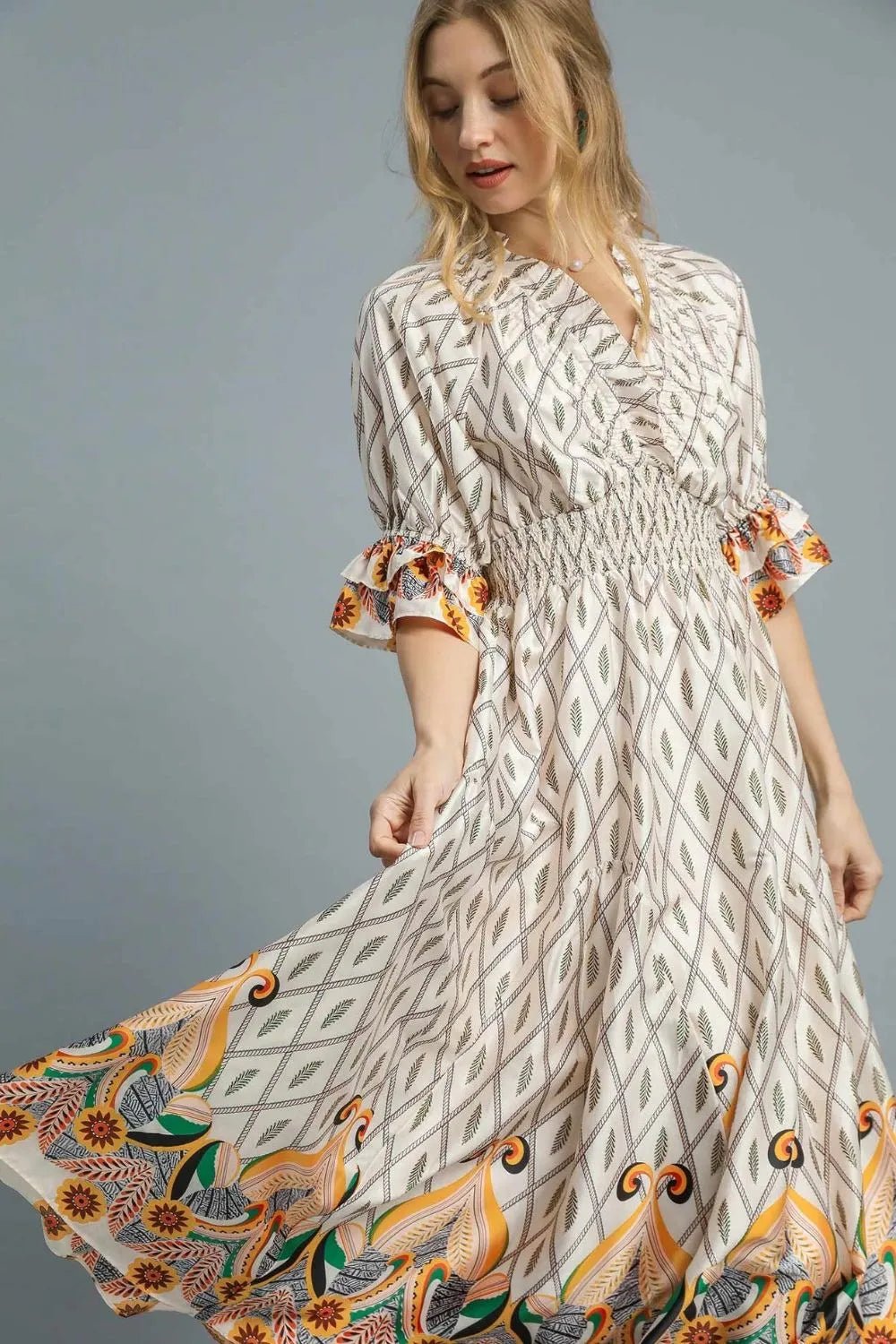 UMGEE - Ivory Smocked Waist Boho Midi Dress