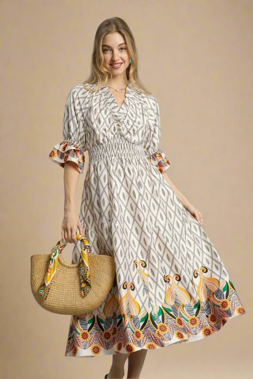 UMGEE - Ivory Smocked Waist Boho Midi Dress
