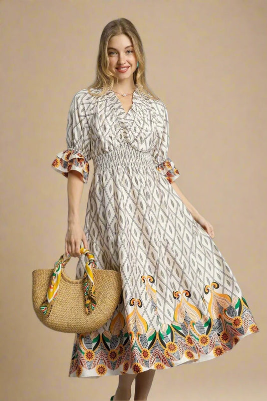UMGEE - Ivory Smocked Waist Boho Midi Dress