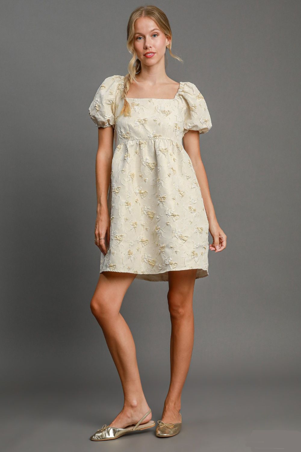 UMGEE - Jacquard Heart Pattern Puff Sleeve Mini Dress in Cream