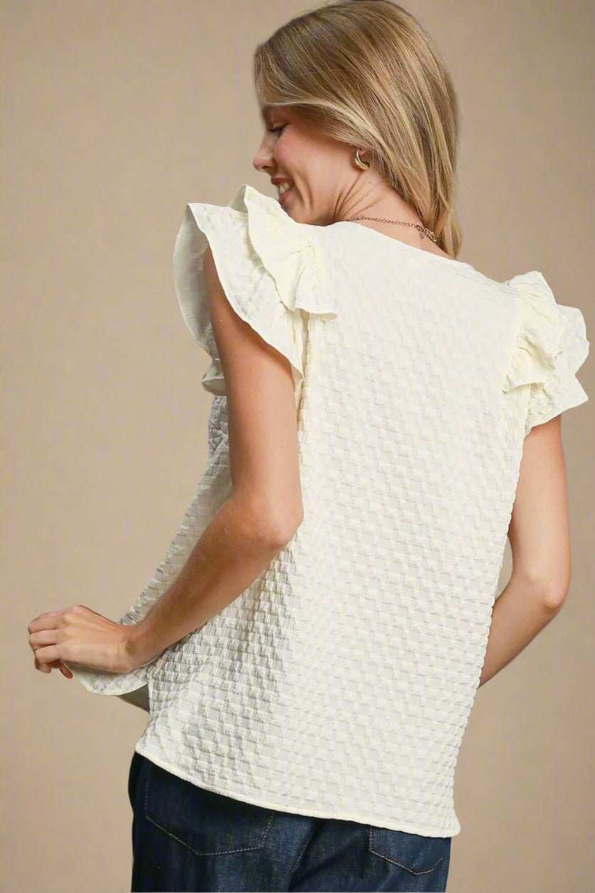 UMGEE - Jacquard Ruffle Sleeve V - Neck Blouse in Cream