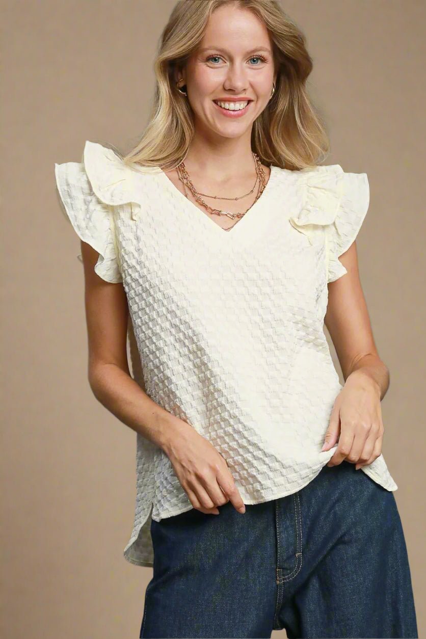 UMGEE - Jacquard Ruffle Sleeve V - Neck Blouse in Cream