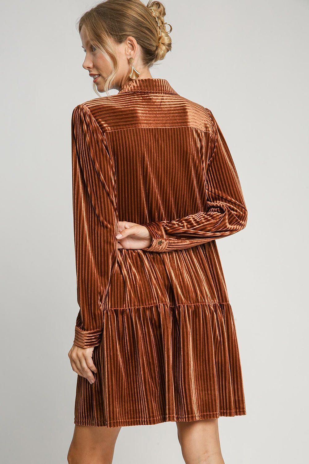 UMGEE - Jacquard Stripe Long Sleeve Velour Mini Dress in Copper