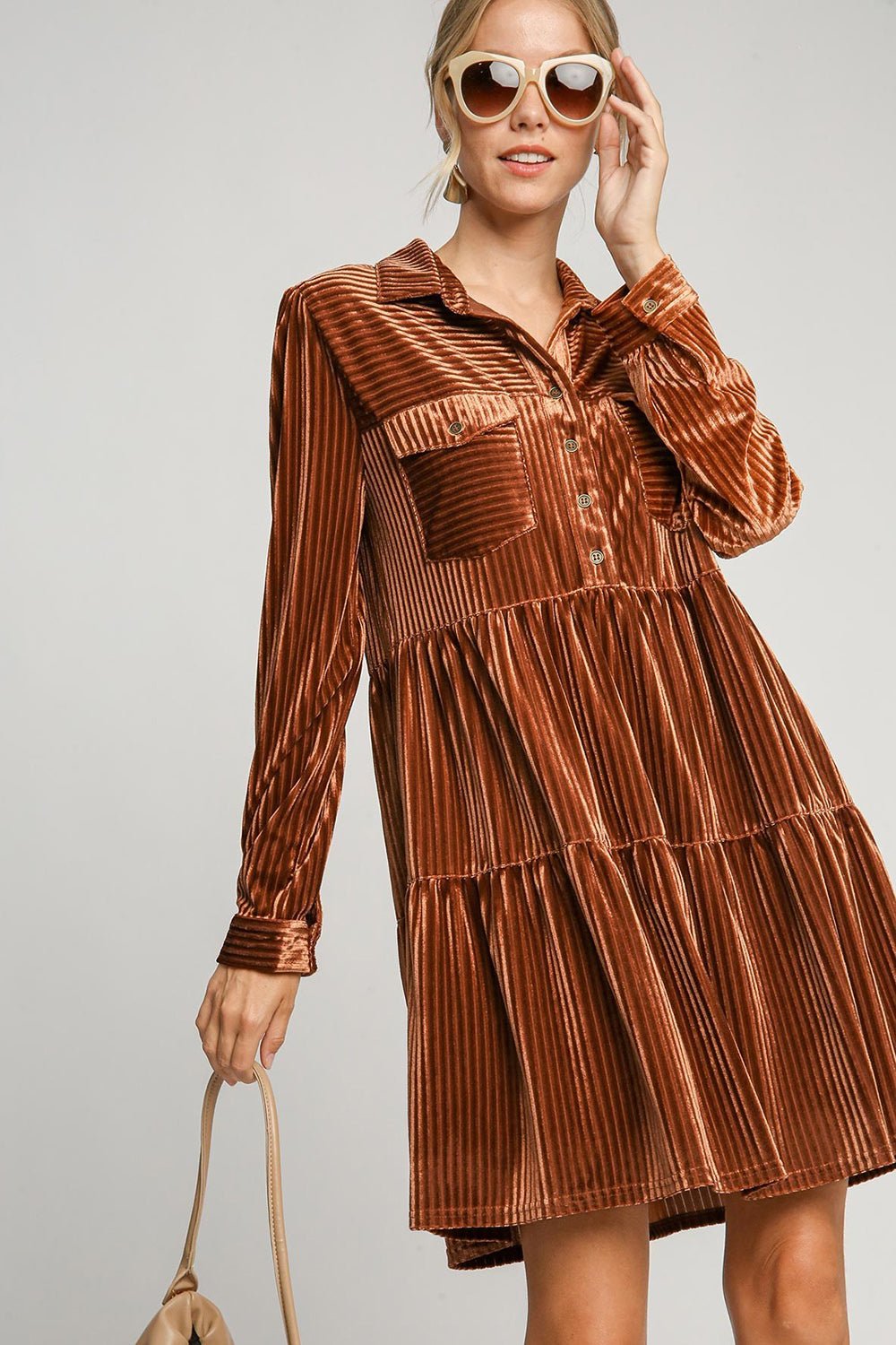 UMGEE - Jacquard Stripe Long Sleeve Velour Mini Dress in Copper