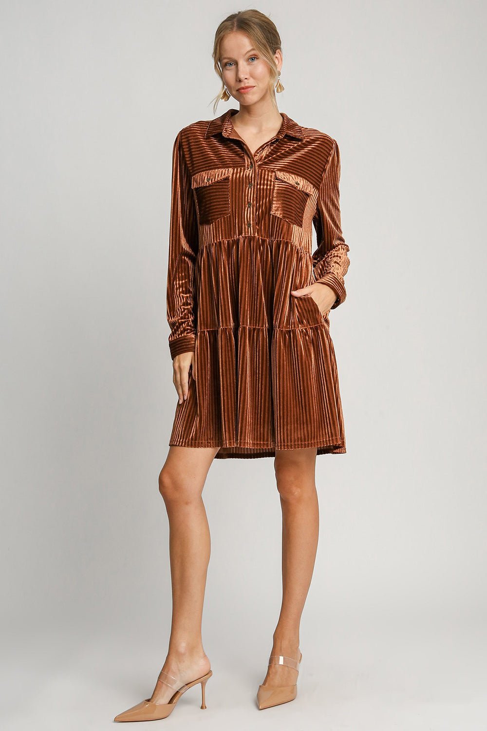 UMGEE - Jacquard Stripe Long Sleeve Velour Mini Dress in Copper