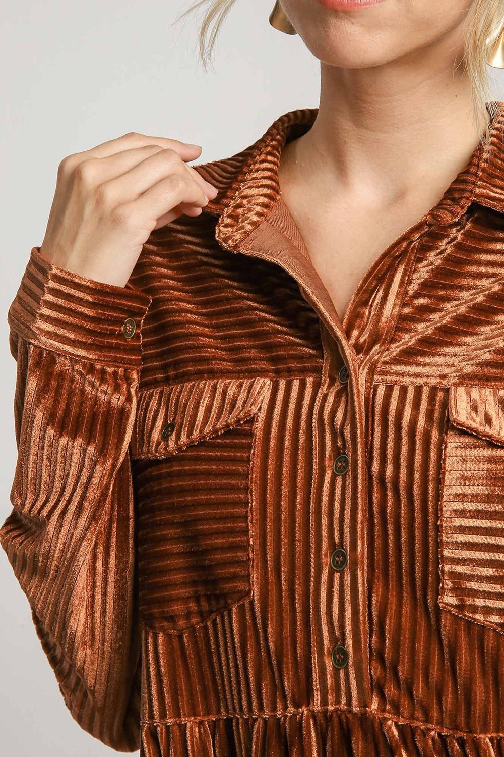 UMGEE - Jacquard Stripe Long Sleeve Velour Mini Dress in Copper