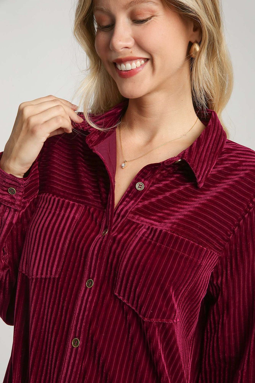 UMGEE - Jacquard Stripe Velour Midi Shirt Dress in Burgundy