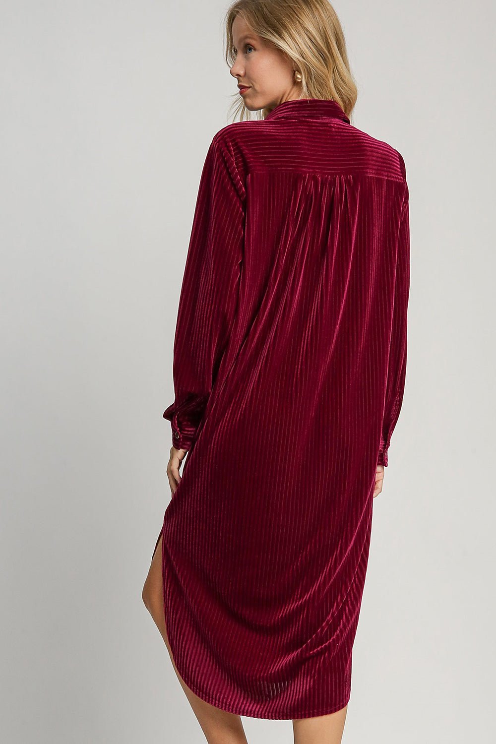 UMGEE - Jacquard Stripe Velour Midi Shirt Dress in Burgundy