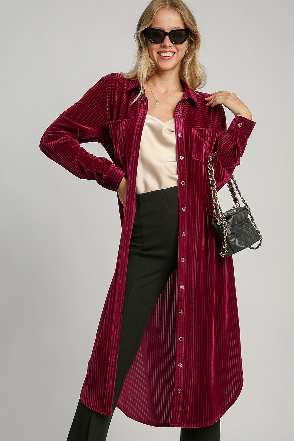 UMGEE - Jacquard Stripe Velour Midi Shirt Dress in Burgundy