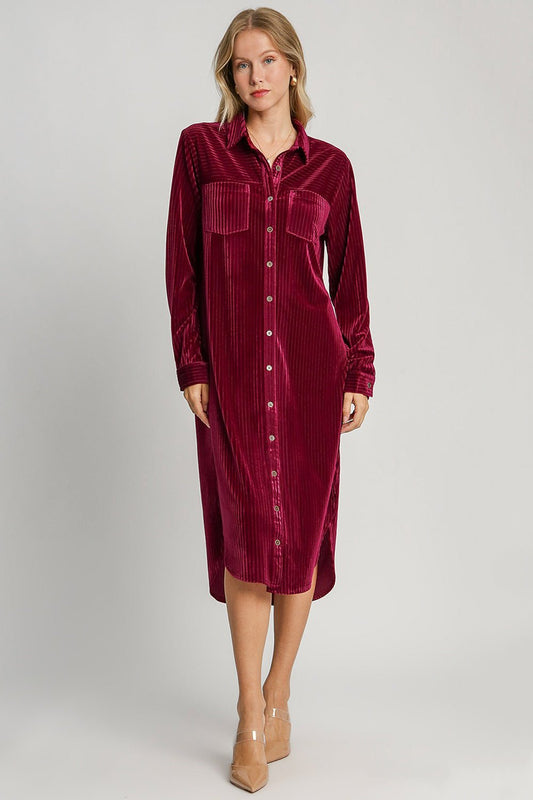 UMGEE - Jacquard Stripe Velour Midi Shirt Dress in Burgundy