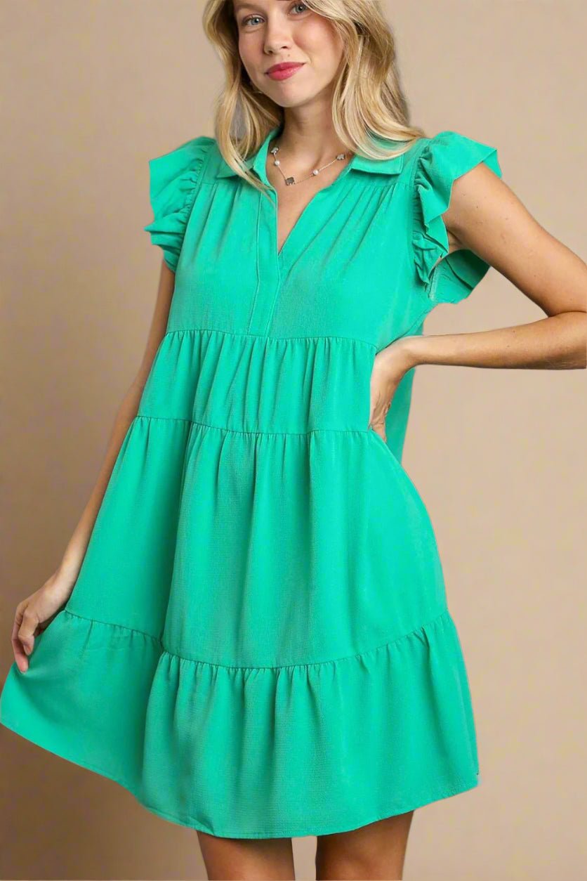 UMGEE - Jade Green Ruffle Cap Sleeve Mini Dress