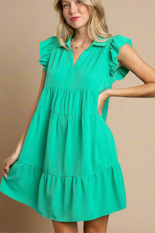 UMGEE - Jade Green Ruffle Cap Sleeve Mini Dress