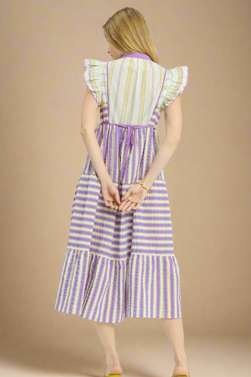UMGEE - Lavender & Ivory Striped Flutter Sleeve Midi Dress