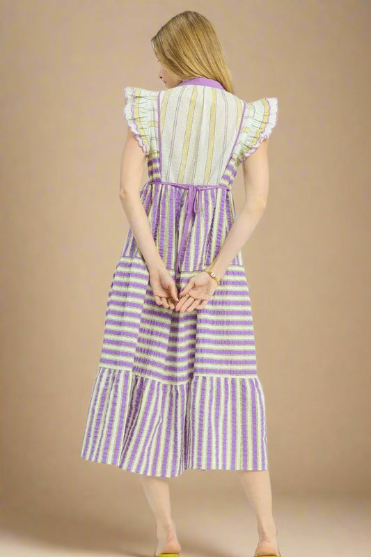 UMGEE - Lavender & Ivory Striped Flutter Sleeve Midi Dress