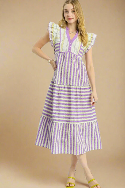 UMGEE - Lavender & Ivory Striped Flutter Sleeve Midi Dress