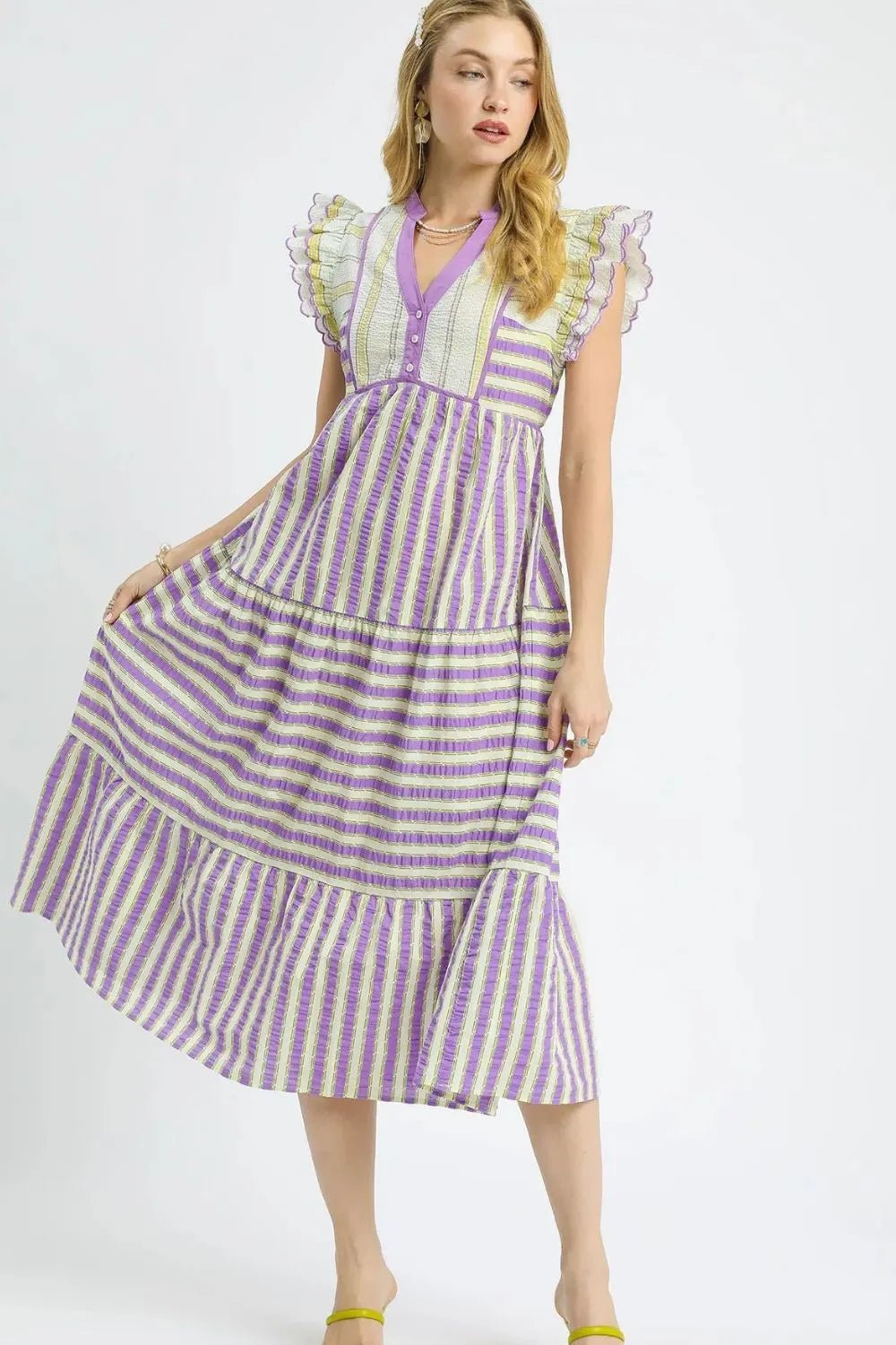 UMGEE - Lavender & Ivory Striped Flutter Sleeve Midi Dress
