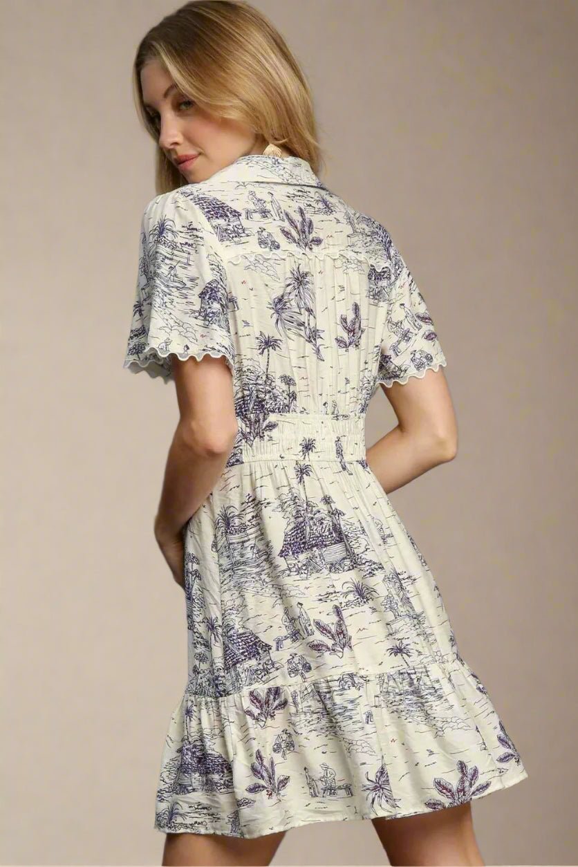 UMGEE - Lavender Toile Print Ruffle Hem Mini Dress
