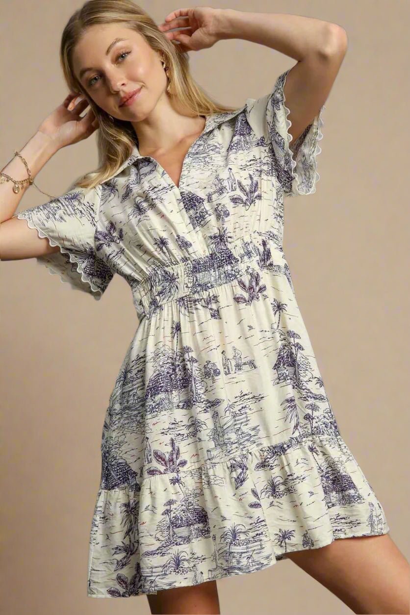 UMGEE - Lavender Toile Print Ruffle Hem Mini Dress