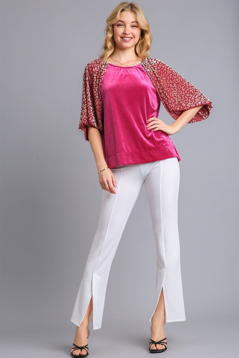 UMGEE - Leopard Burnout Balloon Sleeve Velvet Top in Raspberry