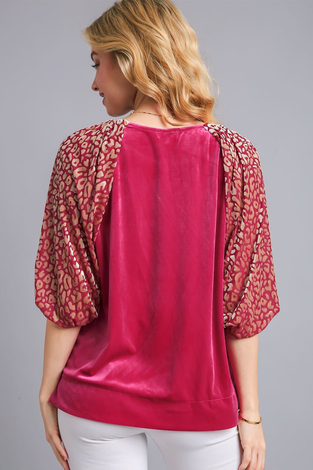 UMGEE - Leopard Burnout Balloon Sleeve Velvet Top in Raspberry