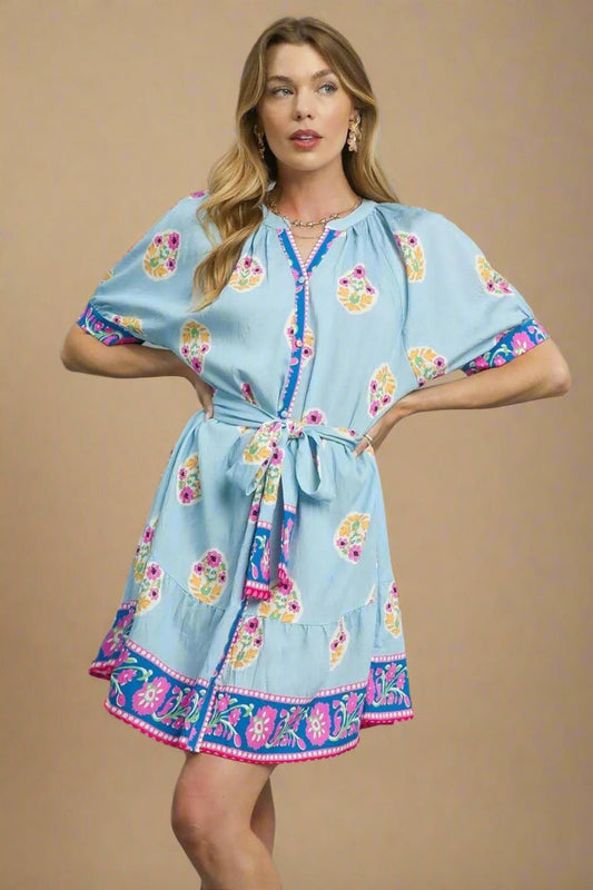 UMGEE - Light Blue Floral Border Print Tie Waist Mini Dress