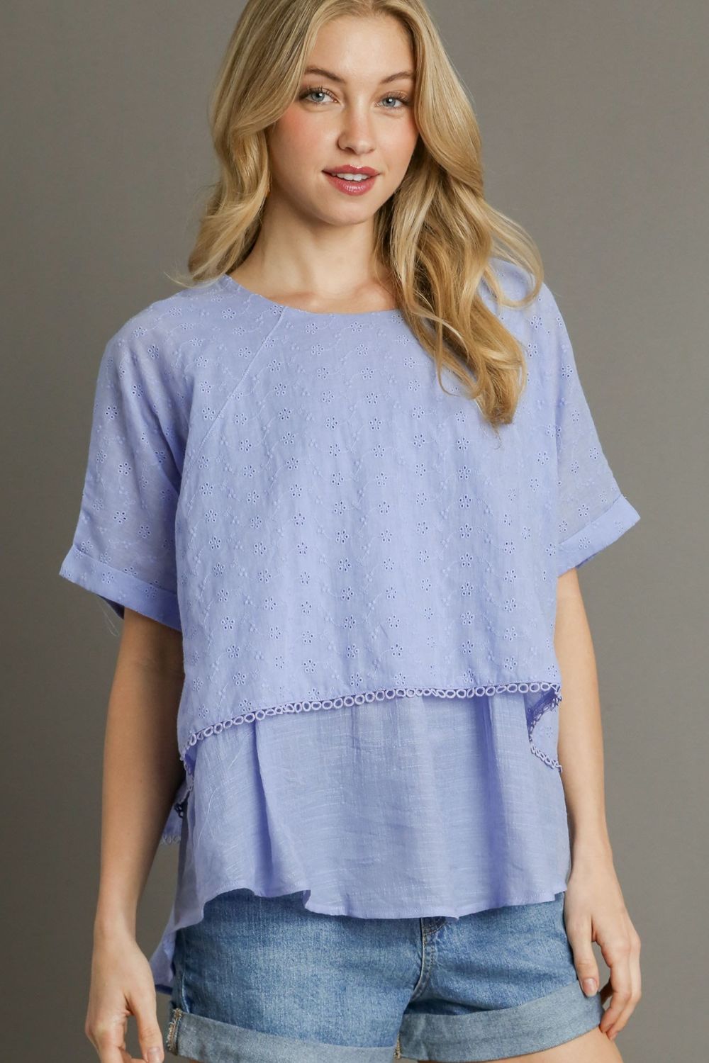 UMGEE - Light Blue Layered Short Sleeve Eyelet Blouse