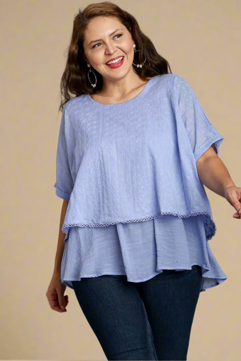 UMGEE - Light Blue Layered Short Sleeve Eyelet Blouse