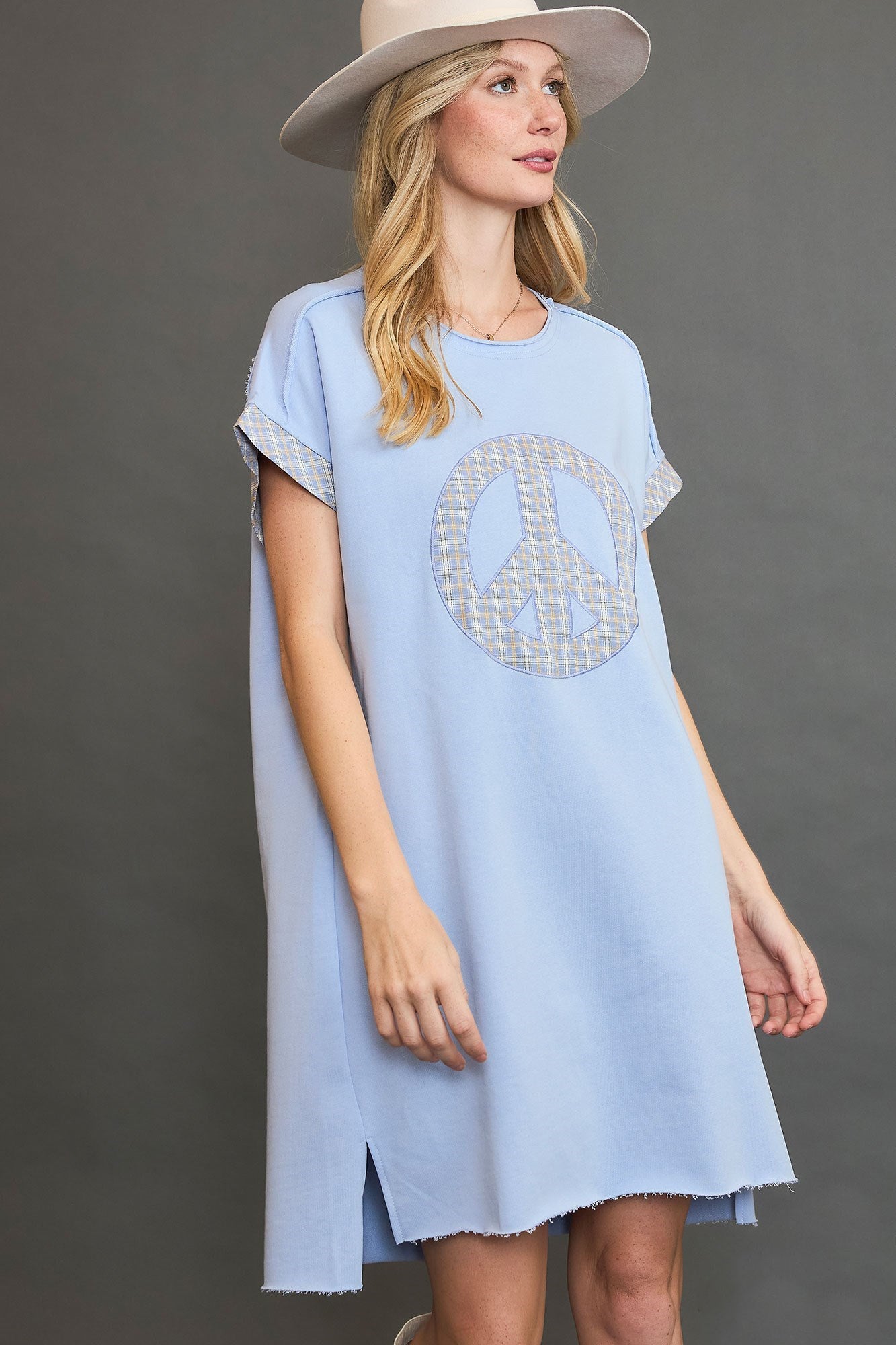 UMGEE - Light Blue Peace Applique Short Sleeve Mini Dress