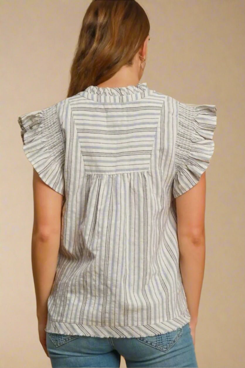 UMGEE - Light Blue Ruffle Sleeve Striped Cotton Top