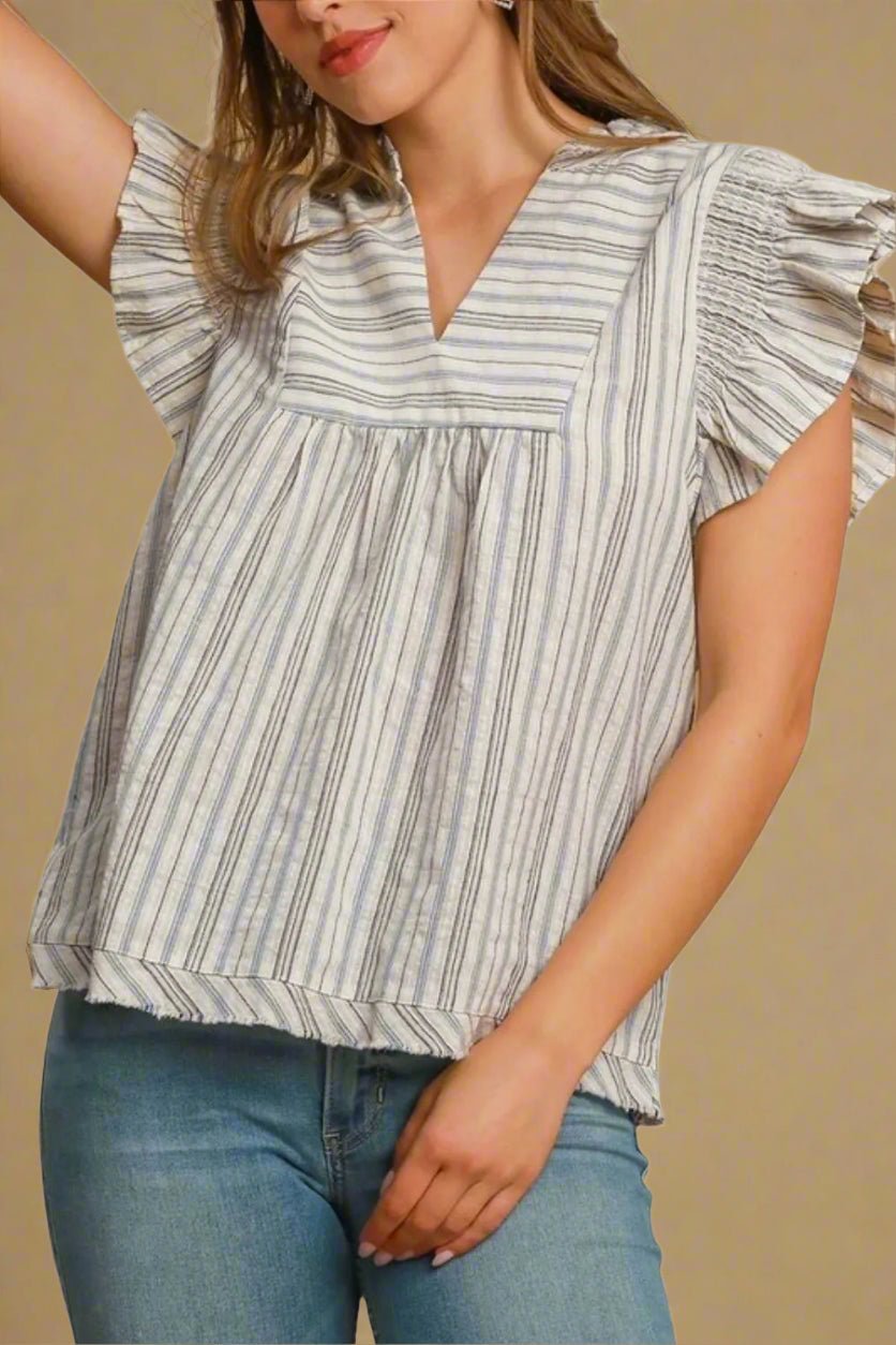 UMGEE - Light Blue Ruffle Sleeve Striped Cotton Top