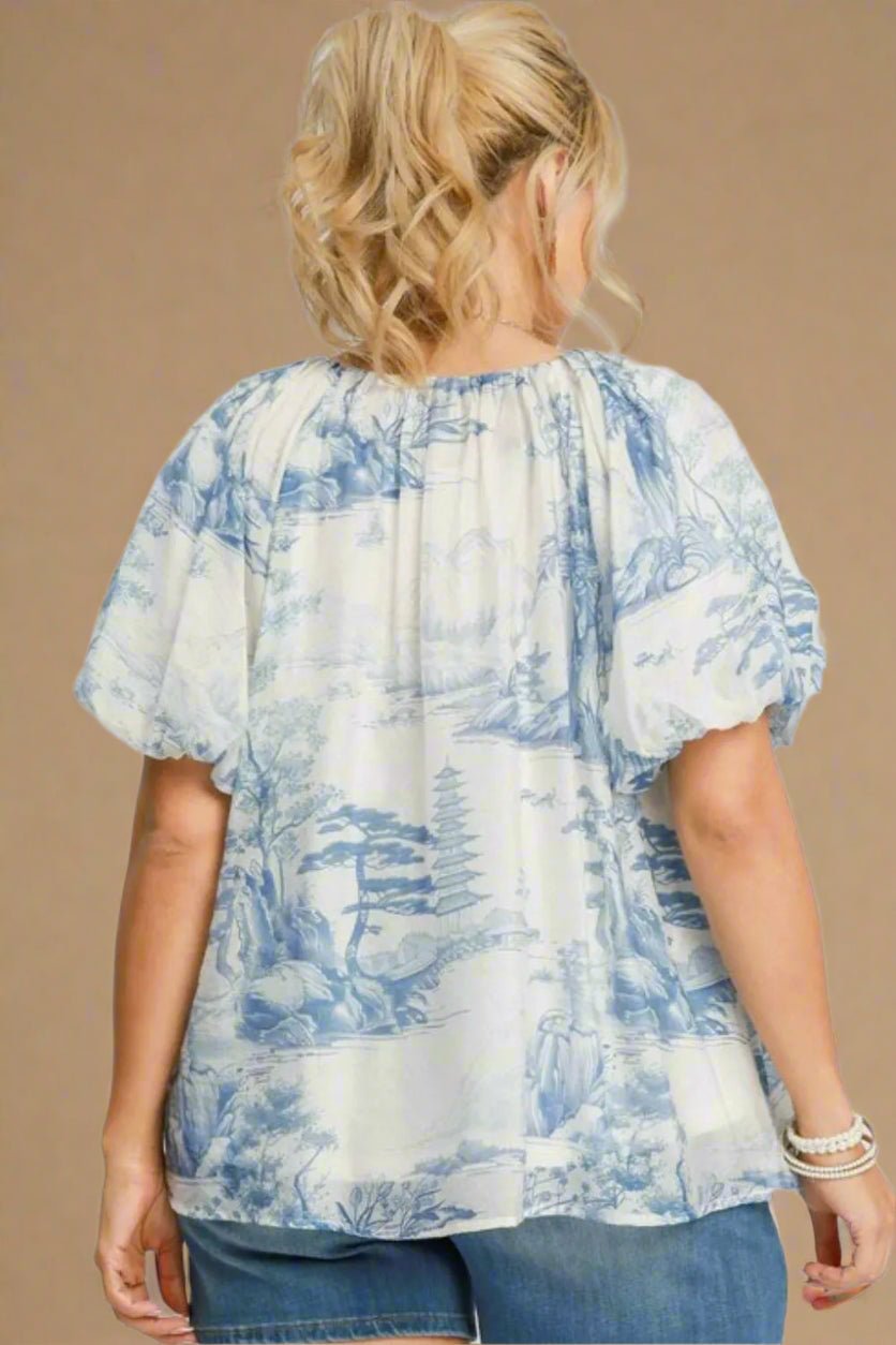 UMGEE - Light Blue Toile Ruffle Sleeve Top