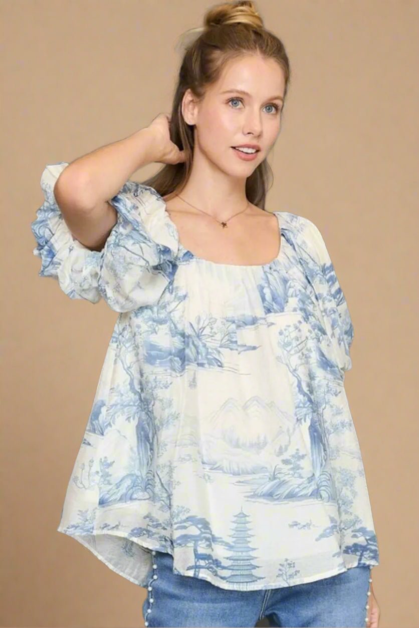 UMGEE - Light Blue Toile Ruffle Sleeve Top