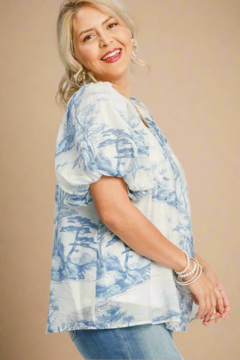 UMGEE - Light Blue Toile Ruffle Sleeve Top